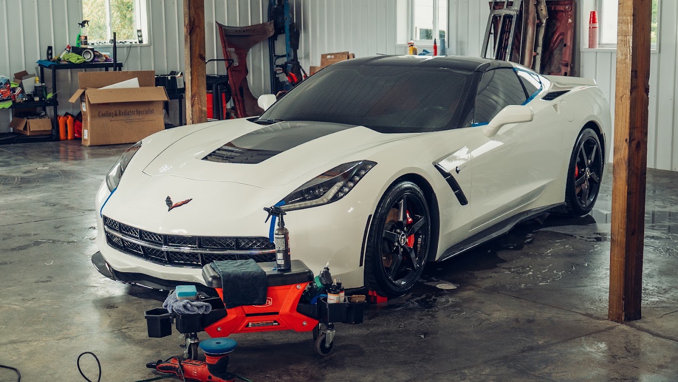 White Corvette C7 during detail in shop